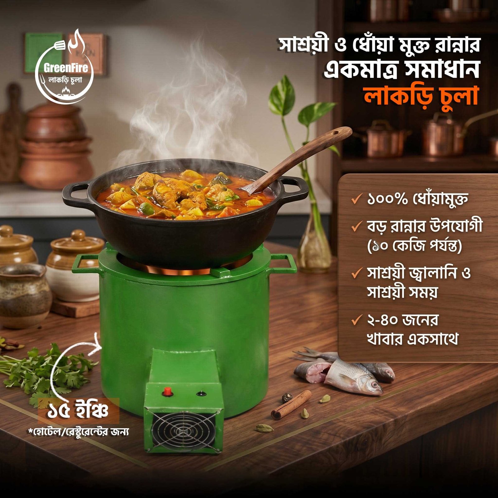 Medium Larki Chula ১৫ ইঞ্চি ধোঁয়াবিহীন লাকড়ি চুলা – ৫০–১০০ জনের রান্না | কম কাঠে কমার্শিয়াল চুলা - Image 1